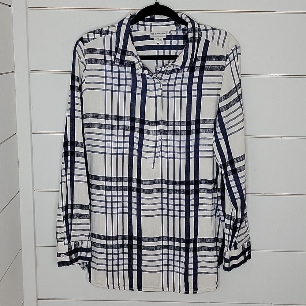 LIZ CLAIBORNE 1X blue and white plaid pullover 1/2 button down shirt
